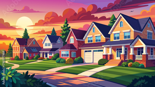 Very beautiful suburban neighborhood in Maryland, USA, featuring luxury homes under a colorful sunset sky, well-manicured lawns, and a realistic warm and inviting residential atmosphere.