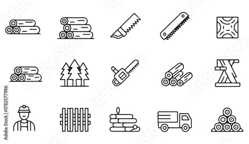 Collection of forestry and logging industry outline icons including trees, saws, and trucks for wood production and industrial design