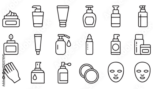 Set of minimal skincare and hygiene icons showing cream jars, droppers, and face masks in clean outline vector style