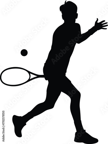Silhouette of a male tennis player in action hitting a forehand shot with a tennis ball and racket