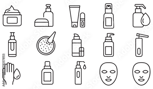 Vector outline illustration of cosmetic packaging including lotion, serum, and facial treatment containers