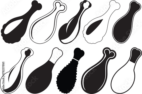 Chicken Drumstick Set Black and White Vector Silhouette Collection.