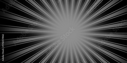 A radiant starburst effect with light beams shooting outward, perfectly centered on a white, black background. Motion radial zoom speed line on white, black background for comic books