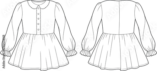 Long sleeve baby dress front and back view, cute children clothing template, ruffle cuff and collar fashion flat sketch illustration