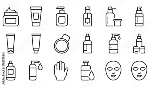 Beauty and skincare product icons in linear minimalist style showing bottles, droppers, and face masks for spa themes