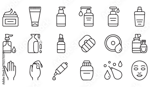 Outline vector set of skincare containers, cream jars, and lotion tubes for wellness, hygiene, and cosmetic design use