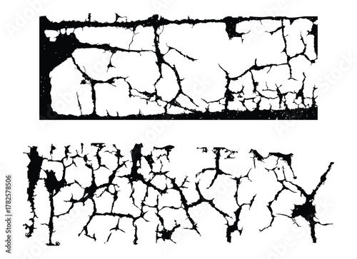 Two abstract black and white textures featuring crack patterns and organic shapes in a simple composition