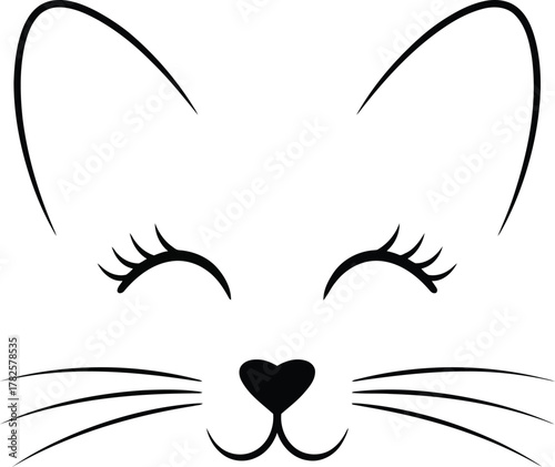 Simple line drawing of a cute cat face with closed eyes