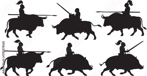Fantasy Warriors Riding Animals Silhouettes