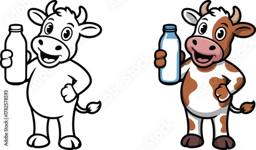 Cow Cartoon with Milk Bottle