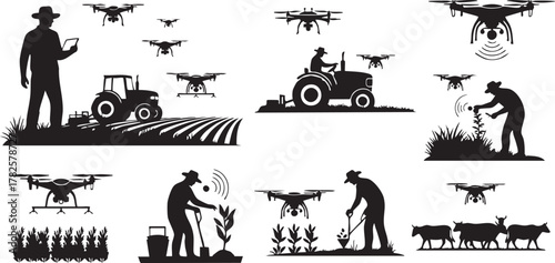 Farmers Using Agricultural Drones Silhouettes