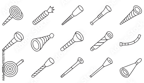 Vector illustration of various funnel heads, spouts, and nozzle tools in outline style for design and technical graphics
