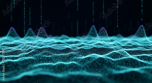 Abstract teal digital wave pattern, glowing points forming a grid, binary code in background, symbolizes technology, data, connection, and digital landscape