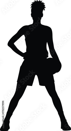 Silhouette of a confident female basketball player holding a ball with one hand on her hip