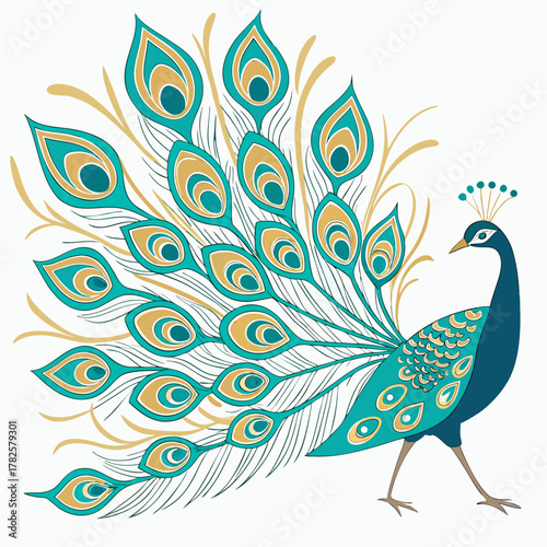 Elegant peacock illustration with teal and gold feather details design