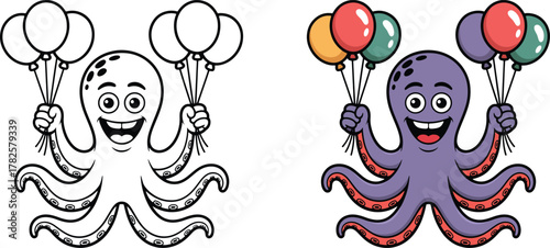Octopus Holding Balloons Cartoon