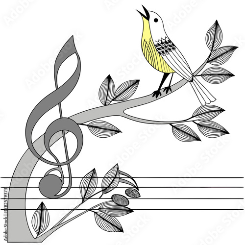 Singing bird on musical branch with leaves and staff lines