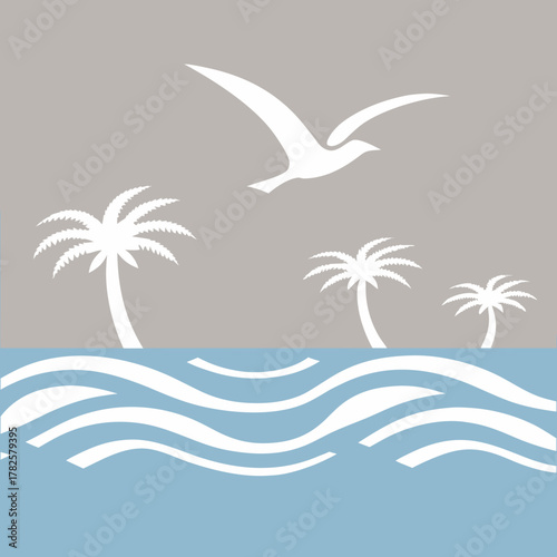 Tropical beach scene with palm trees, bird, and water waves