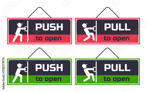 Set of push and pull to open door sign door signs with human figure pushing and pulling door vector illustration of door signs