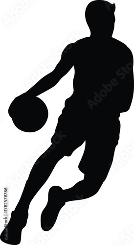 Dynamic silhouette of a basketball player dribbling the ball with intensity and motion