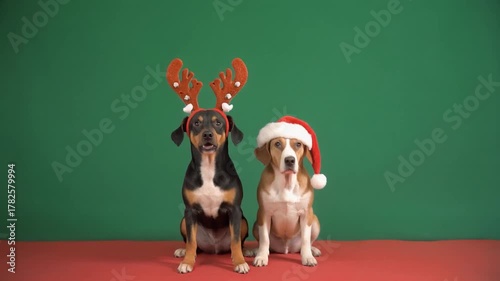 Two adorable dogs dressed in festive reindeer antlers and a Santa hat, spreading holiday cheer against a vibrant green and red background