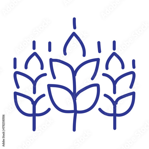 Simple blue line drawing of three wheat stalks, symbolizing agriculture and harvest.