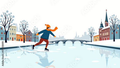 Young man skater on frozen canal surrounded by colorful city buildings and bridge