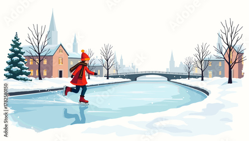 Girl skater on frozen canal near snowy european town with church and houses