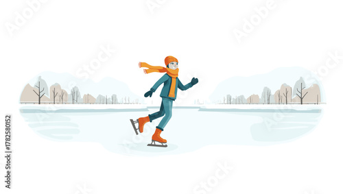 Young skater on frozen canal gliding through quiet winter landscape with trees