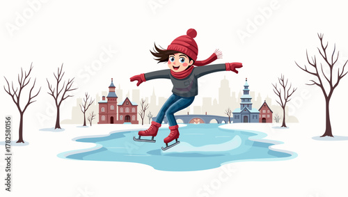 Joyful girl skater on frozen canal performing spin in front of winter cityscape