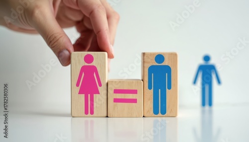 Hand arranges wooden blocks showing female and male symbols with an equals sign between them. Concept of gender equality and parity is visually represented. A blurred male figure stands in background.