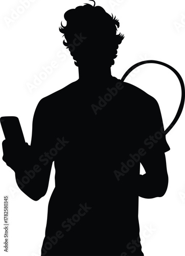 Silhouette of a male tennis player holding a racket and a smartphone on a white background