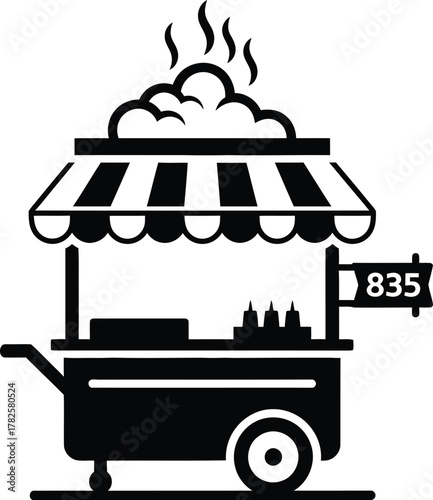 Steaming hot dog cart with condiments and number sign
