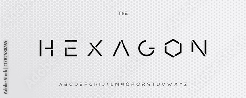 Hexagon minimalist futuristic font logo alphabet innovate science technology typography, geometric minimalistic luxury lettering for digital forum conference headline, modern logotype. Vector typeset