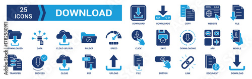 Download icon set. Containing upload, document, link, download file, folder, data and PDF icons. Solid icon collection. Vector illustration.