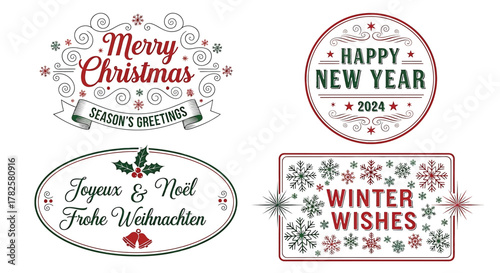 Collection of vintage christmas and new year labels featuring festive greetings and seasonal wishes in elegant designs