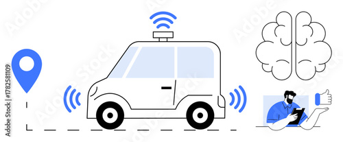Smart car with GPS pin, wireless signals, AI brain, person monitoring on tablet. Ideal for AI, technology, transport, automation navigation data analysis connectivity. Simple flat metaphor