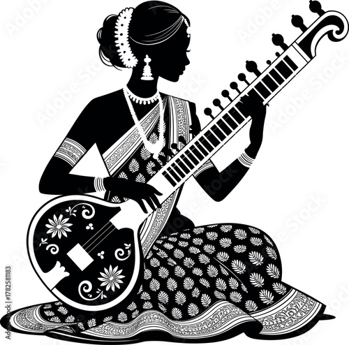 Silhouette of Indian woman playing sitar with floral patterns