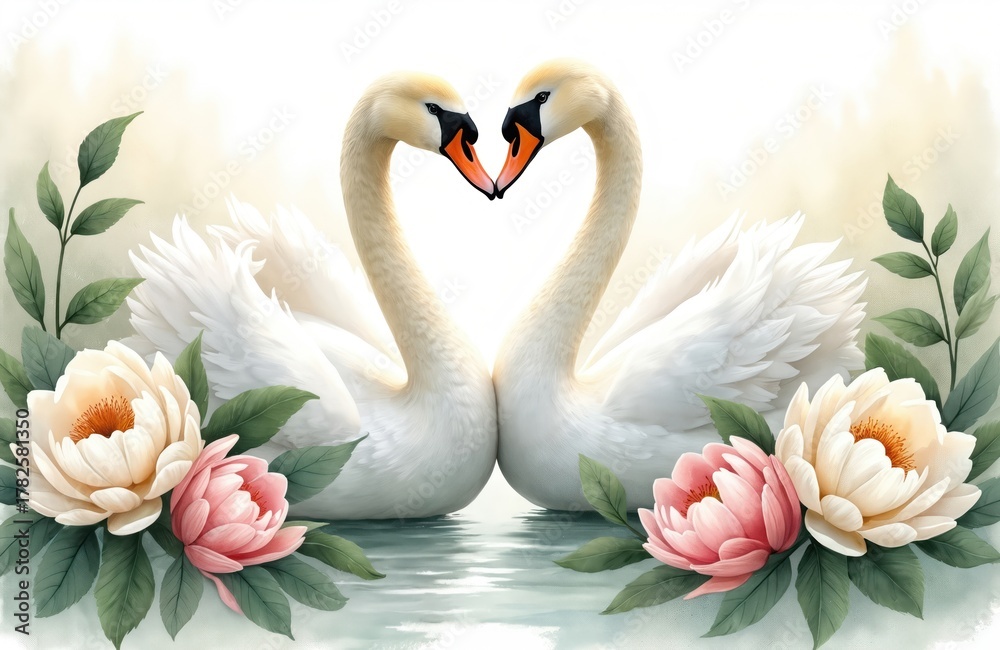 Obraz premium Pair of white swans form heart shape with necks on water. Romantic pair surrounded by floral elements leaves and blossoms. Gentle watercolor illustration.