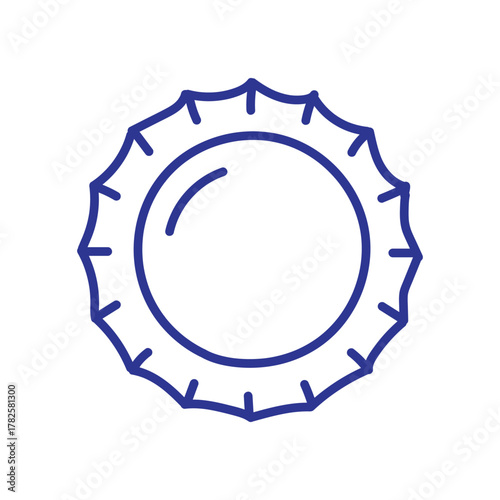 Simple blue outline of a bottle cap, symbolizing refreshment and beverages.