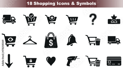 Collection of 18 shopping icons and symbols for e commerce