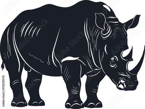 Rhinoceros silhouette, wild animal vector illustration, endangered species wildlife art, safari creature design, strong horned mammal graphic, cad drawing flat vector illustration, black outline