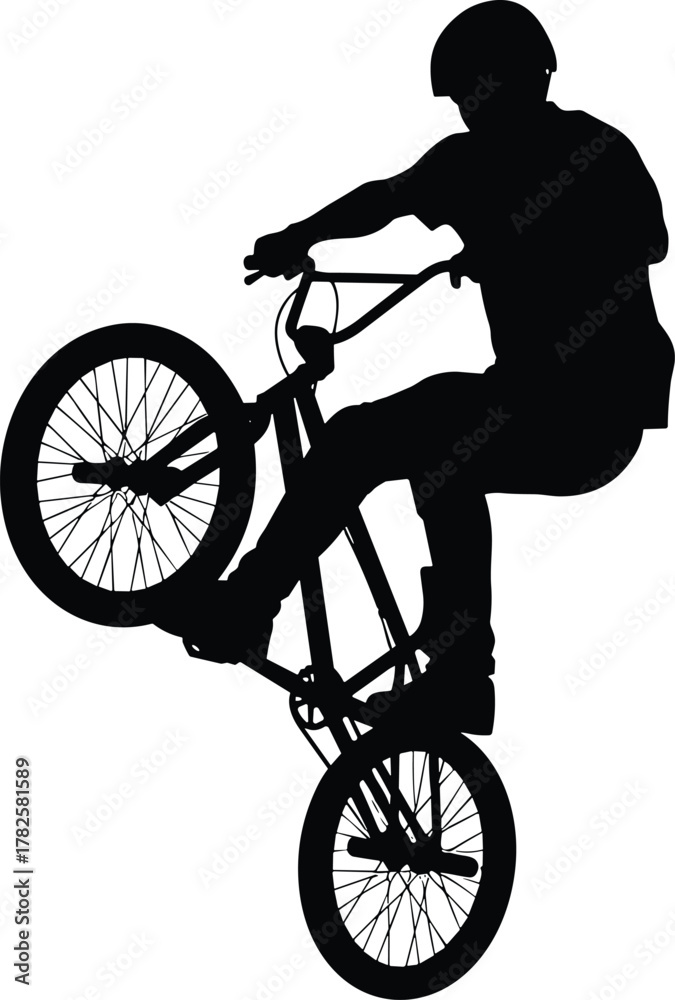 Fototapeta premium BMX rider silhouette, performing bicycle stunt jump, extreme sports action design, freestyle cycling trick vector art, cad drawing flat vector illustration, black graphic