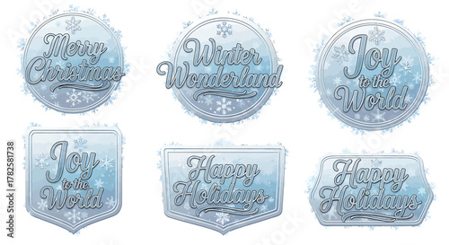 Collection of festive winter holiday labels with snowflakes for greeting cards and invitations