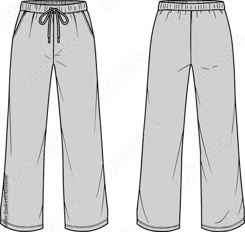 Gray drawstring pants front and back view, wide leg relaxed fit, elastic waistband, side pockets, casual fashion garment technical drawing