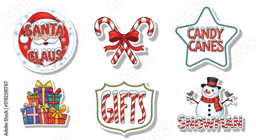 Collection of festive christmas stickers with santa, candy canes, gifts and snowman