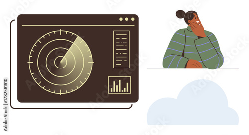 Radar screen with signal waves and data charts near a thoughtful woman resting her face on her hand. Ideal for strategy, surveillance, contemplation, analytics, futuristic planning, brainstorming