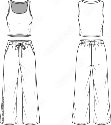 Women’s two piece casual outfit front and back view, sleeveless crop top, scoop neckline, wide leg drawstring pants fashion illustration