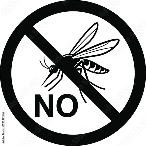 No mosquito sign, insect control warning symbol, anti mosquito protection vector, pest prevention graphic design, cad drawing flat vector illustration, black silhouette icon