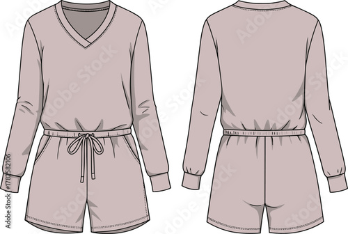 Women’s long sleeve romper front and back view, V‑neckline, elastic waistband, drawstring tie, relaxed fit shorts, fashion garment illustration
